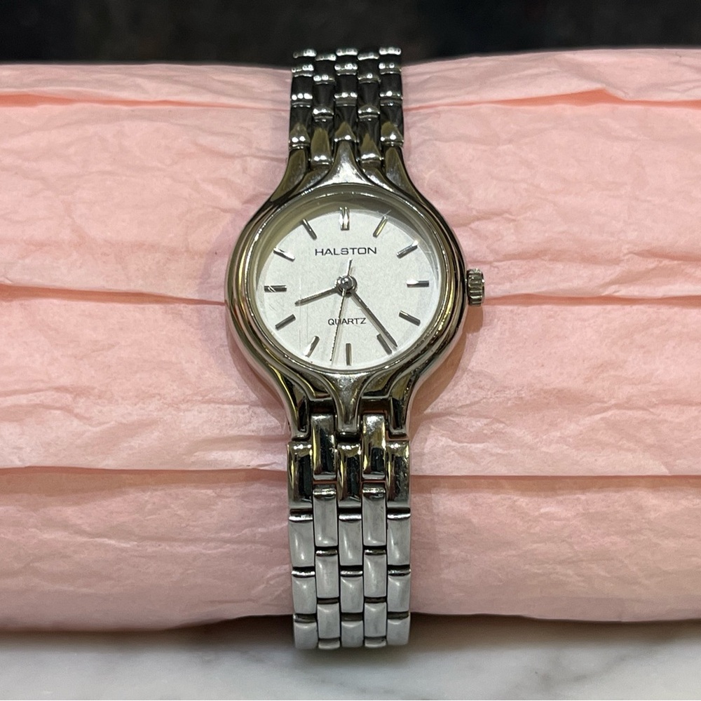 H by Halston stainless steel link watch. Works.